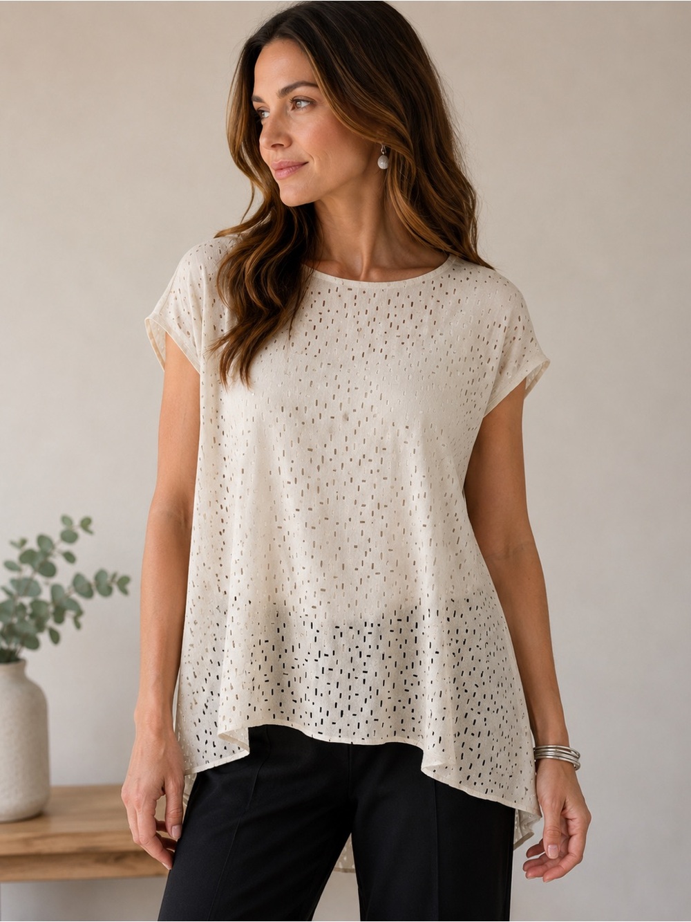 Eileen Fisher 100% Silk Laser Cut High-Low Tunic Top | Small Petite Ivory Cream